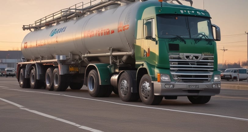 A large industrial fuel tanker truck is parked at a loading station. The truck is positioned under a roofed structure with supporting pillars. There are two visible tanks labeled 'Industri' and 'Solar'. Nearby, a fire extinguisher is mounted on a platform. There are traffic cones and safety signs present, suggesting a controlled environment. Some people are present in the background, wearing work-related clothing.