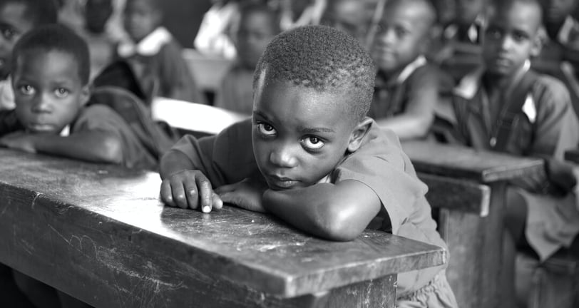 Rural village in Africa, kids is glass, watching the viewers with big eyes