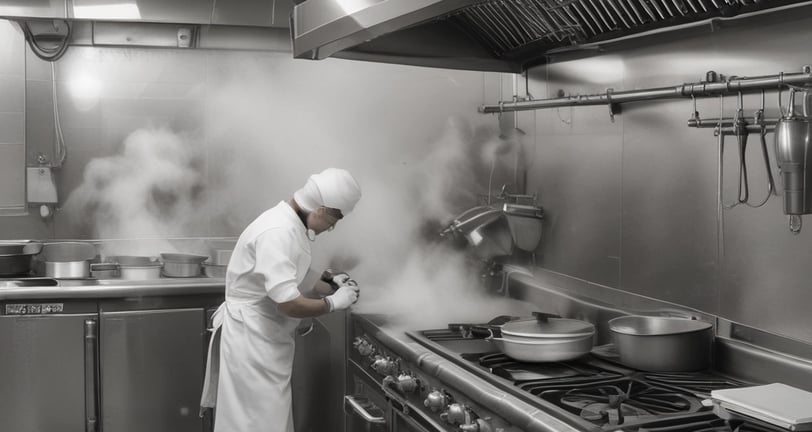 A professional kitchen with chefs at work wearing white uniforms and tall hats. Large pots are steaming, and the stove is actively in use with visible flames. The busy atmosphere suggests the preparation of a meal with various equipment visible in the background.