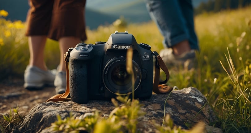 a couple standing on a rock with a camera
