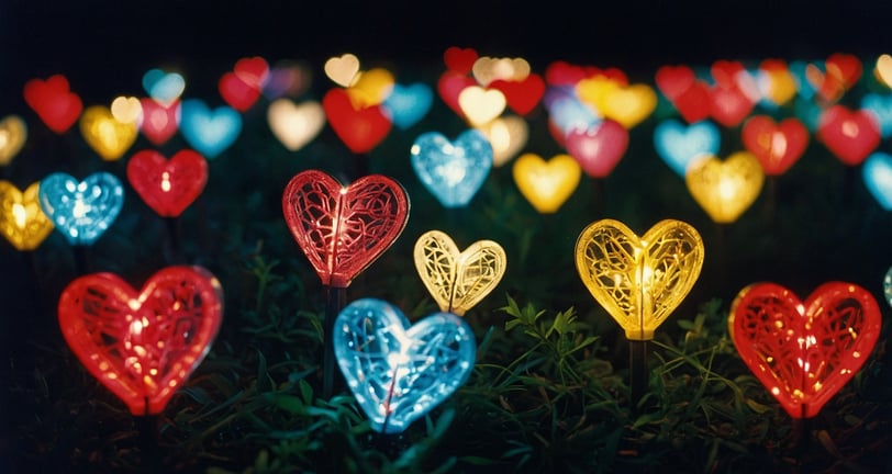 a bunch of heart-shaped colorful lights that are on display