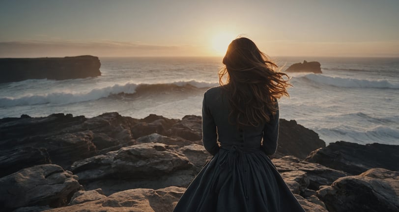 a woman in a long dress standing on a rocky beach