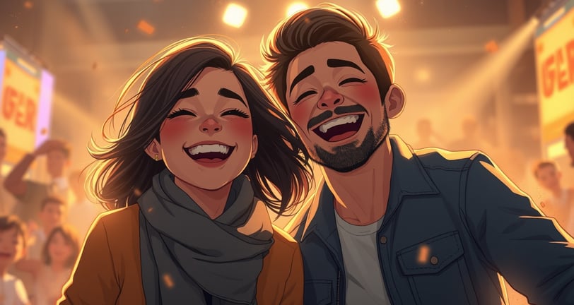 a man and woman are smiling and laughing