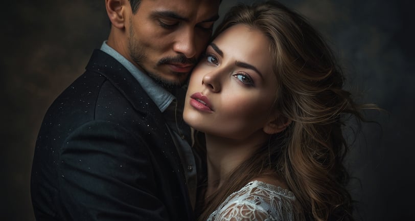 a man and woman embracing in a studio