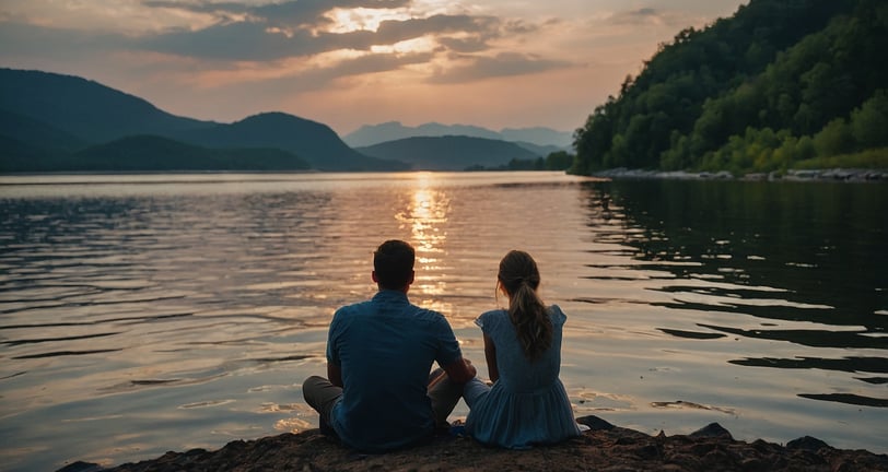 a man and woman sitting on a rock in the water