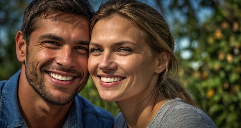 a man and woman smiling and hugging each other