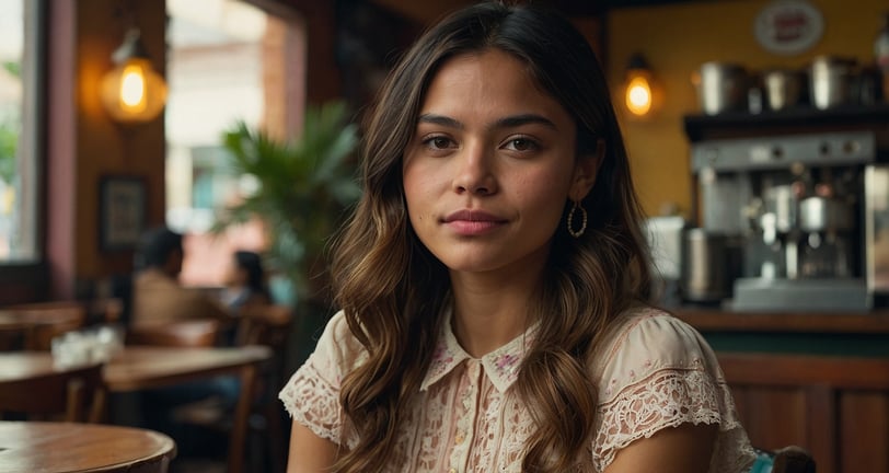 a woman sitting at a table with a cup of coffee