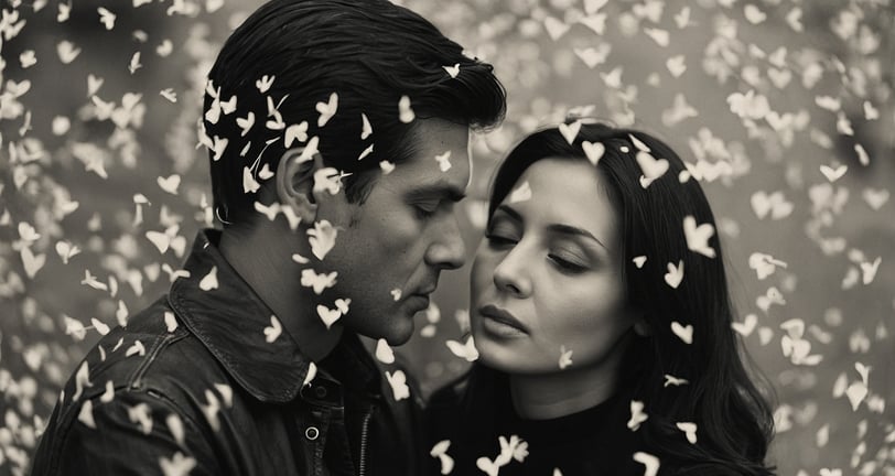 a man and woman in a black and white photo