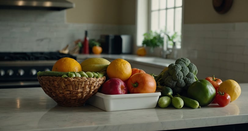 a bunch of fruits and vegetables in a kitchen