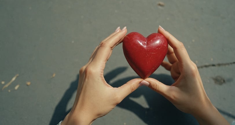 a person holding a red heart shaped object