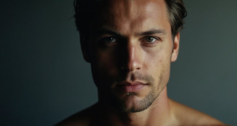 a man with a beard looking intently
