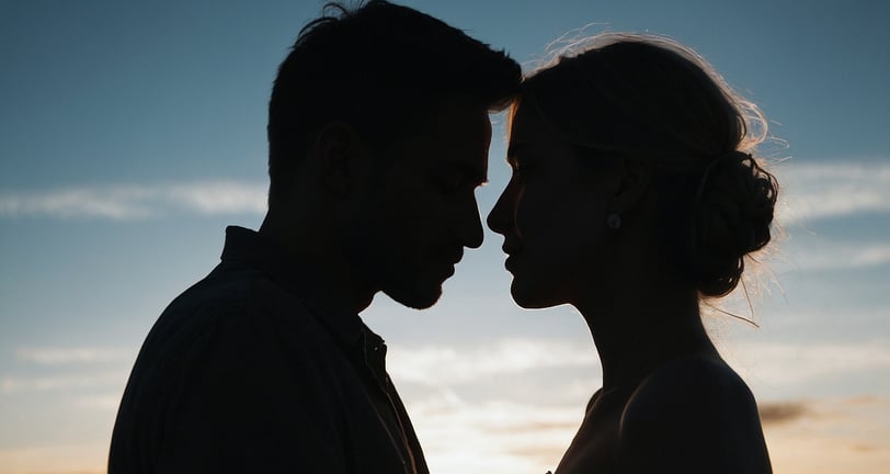 a man and woman standing in front of a sunset