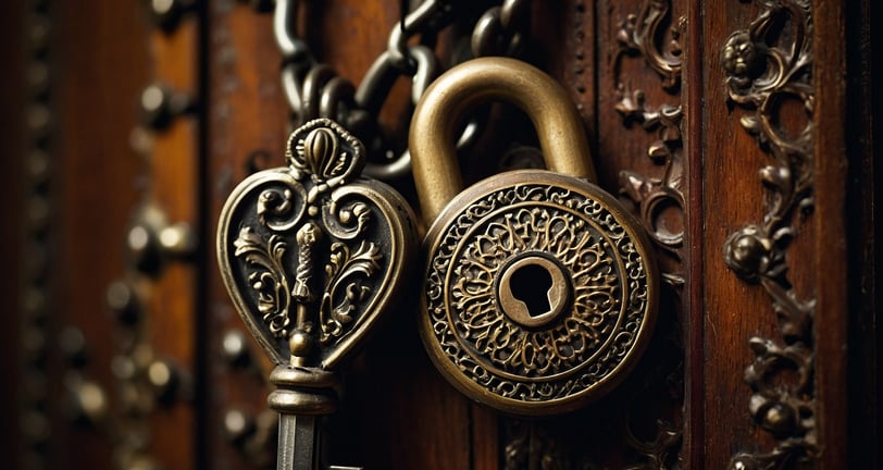 a key chain lock with a key lock on a wooden door