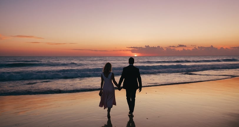 a man and woman holding hands while walking on the beach