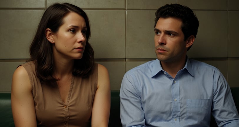 a man and woman sitting on a bench in a restaurant