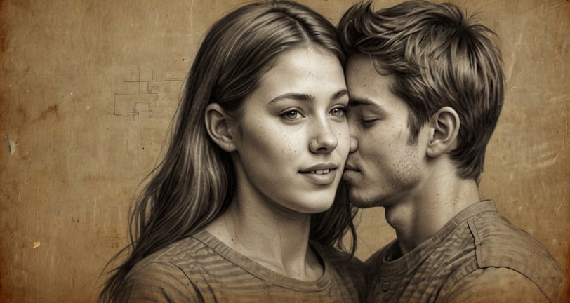 a man and woman kissing in front of a brown background