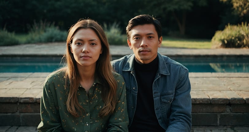 a man and woman sitting on a bench in front of a pool