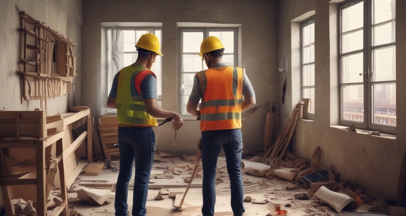 People are working on the interior renovation of a room that appears to be under construction. A worker on a scaffold is painting the ceiling, while others are seated or discussing the progress. The room has smooth, gray walls with arched recesses and a modern design vibe. There are tools and materials scattered around, including a ladder, paint cans, and some rocks or construction debris on the floor. Overhead, stylish pendant lights provide illumination as natural light streams in from windows.