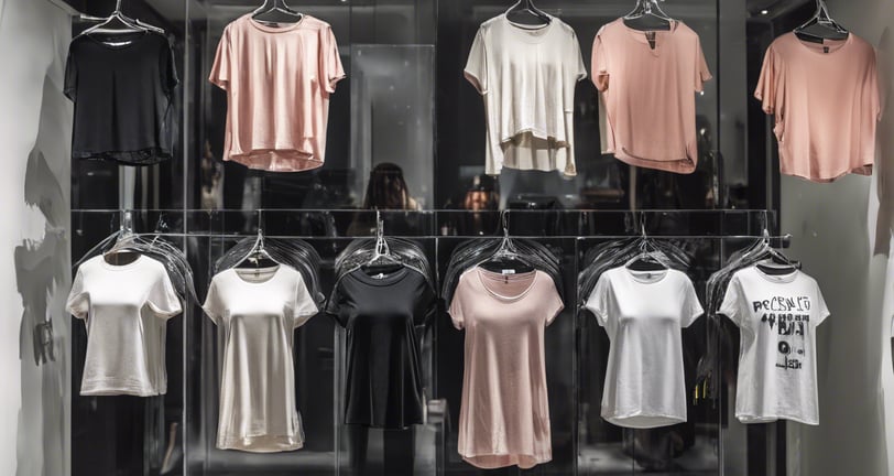 showcase with various models of t-shirts