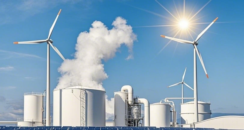 Solar and wind energy are harnessed for molten salt thermal storage systems, which generate steam