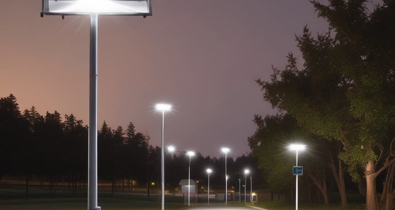 A silhouette of a tall street light with solar panels stands against a gradient sky transitioning from purple to pink. Electrical wires extend from the pole on the left side.