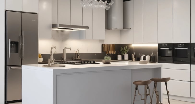 A kitchen with dark wood cabinetry and beige countertops, illuminated by overhead lighting. Several kitchen appliances, including a stove, a blender, and a microwave, are visible. Various kitchen utensils hang from the wall, and a window is positioned above the sink. There are dishes drying on a rack near the sink.