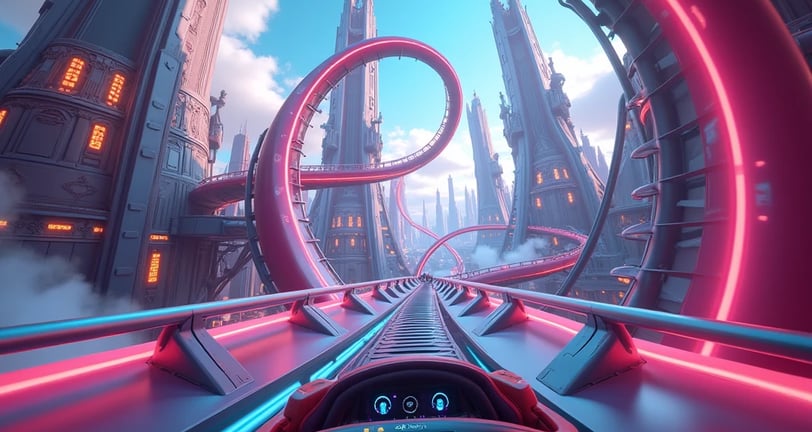 a car driving through a futuristic city