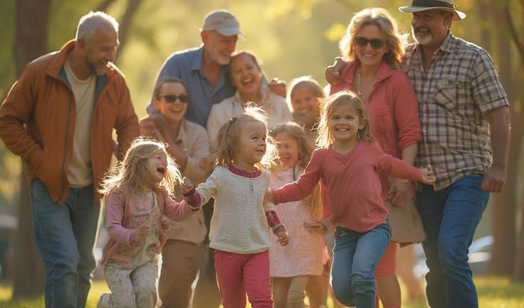 uma família de quatro crianças e seus pais em um parque