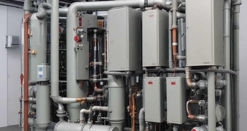 An outdoor air conditioning unit is mounted on a textured wall with various pipes and electrical conduits running above it. The unit is labeled GREE and is connected to a green hose. Below, several empty black plastic crates are stacked haphazardly on a rough concrete surface.