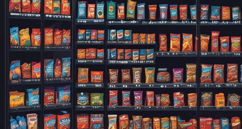 A vending machine stands on the right side of the image, next to a recycling bin. It's situated against the backdrop of a building with a grid-pattern facade. Most of the image is in shadow, giving a stark contrast between the lit vending machine and the dark foreground.