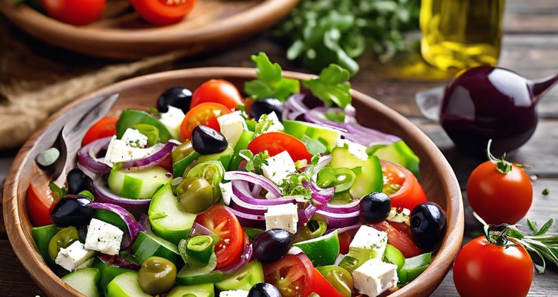 a bowl of salad with tomatoes, olives and cheese