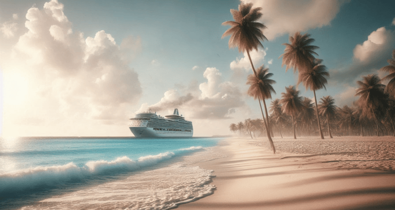 Illustration of palm trees on a white sand beach, with gentle surf and a cruise ship in the distance