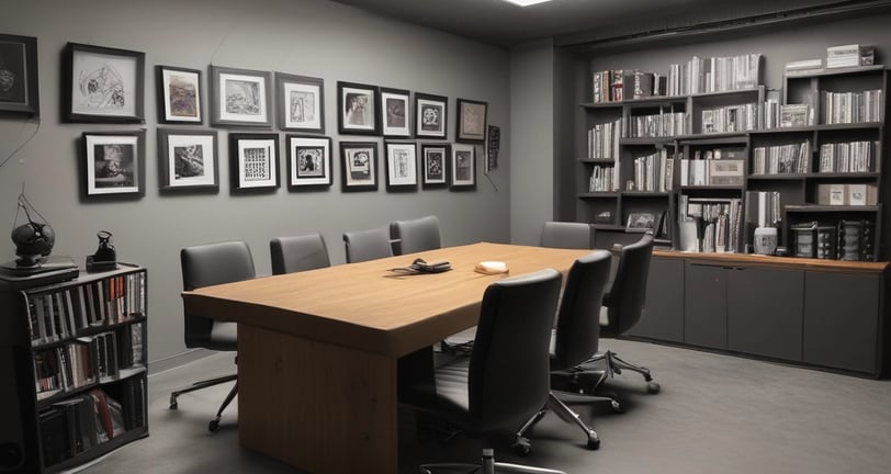 A modern podcast studio with professional microphone setups on a table surrounded by green and black office chairs. The room has acoustic foam on the walls for soundproofing and large square ceiling lights. The walls are predominantly adorned with decorative panels and some branding elements.