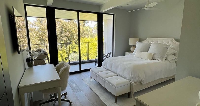 a bedroom with a bed and a desk