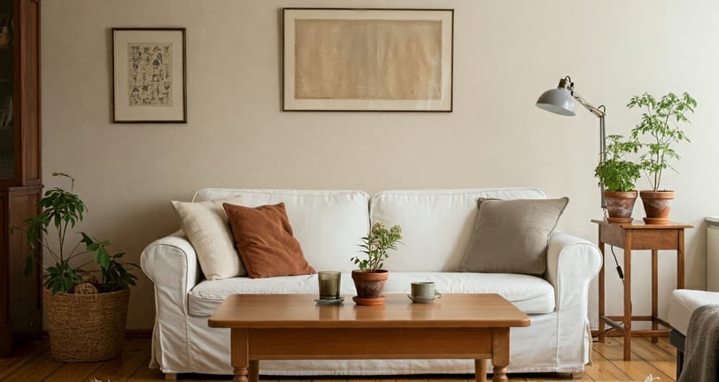 a living room with a couch and a table
