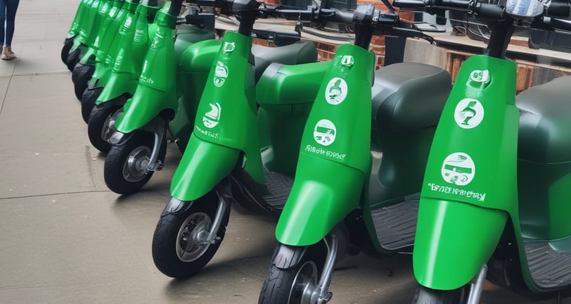 Four white scooters with black handlebars are lined up in a row, each with a red delivery box on the rear. The boxes are branded with a recognizable fast-food logo and contact information. They are parked on a paved street next to a wooden fence and a tree.