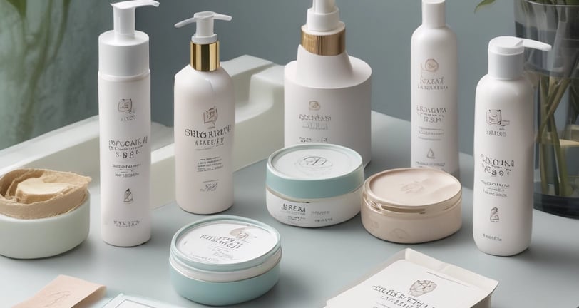 A coordinated set of cosmetic product branding materials includes a pump bottle, a rectangular box, business cards, and a leaflet. The design features elegant floral patterns in gold over grey and beige backgrounds, with the word 'Cosmetic' prominently displayed in a mix of white and copper colors.