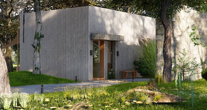 a small house with a pond and a pond