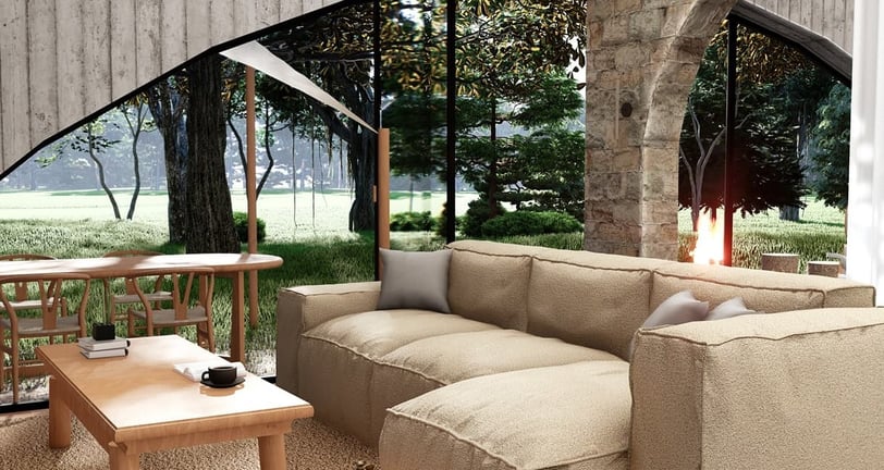 a living room with a couch and a table