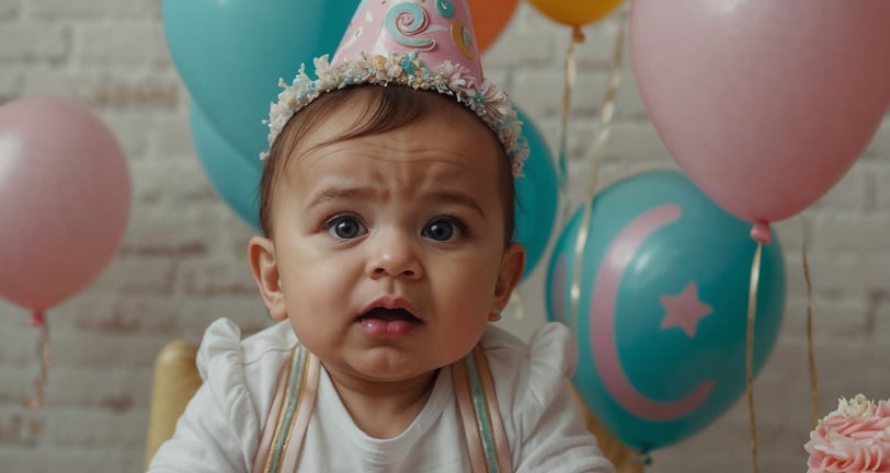 a baby girl wearing a birthday hat at her birthday celebration