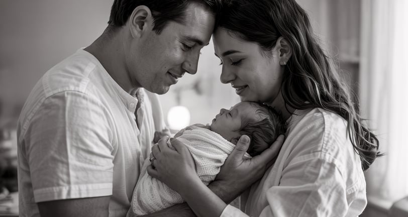 a man and woman holding a baby in a room