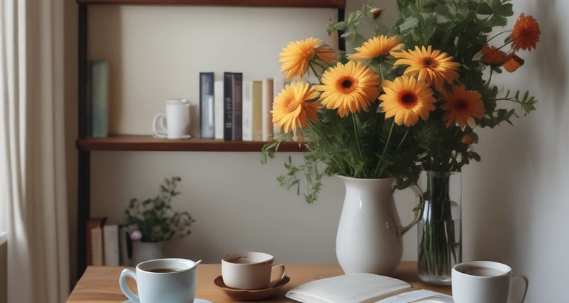 a vase with flowers and books on a table