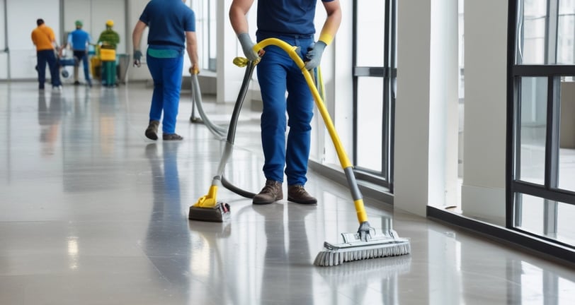 a man in a blue uniform cleaning a floor