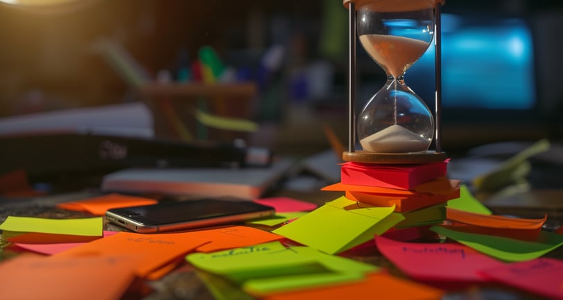 a sand clock sitting on top of a pile of post it notes reflecting AI implementation strategy