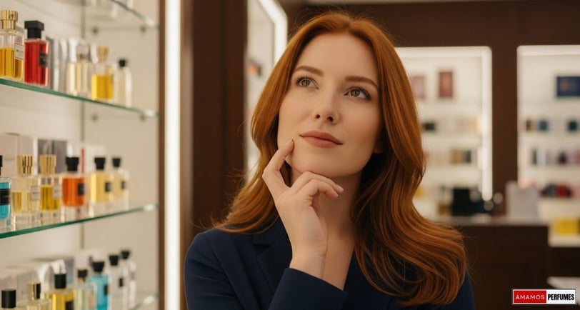 a woman in a blue jacket thinking about perfumes