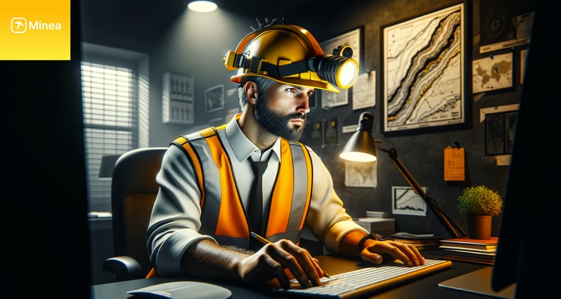 a man in a hard hat and safety vest sitting at a desk