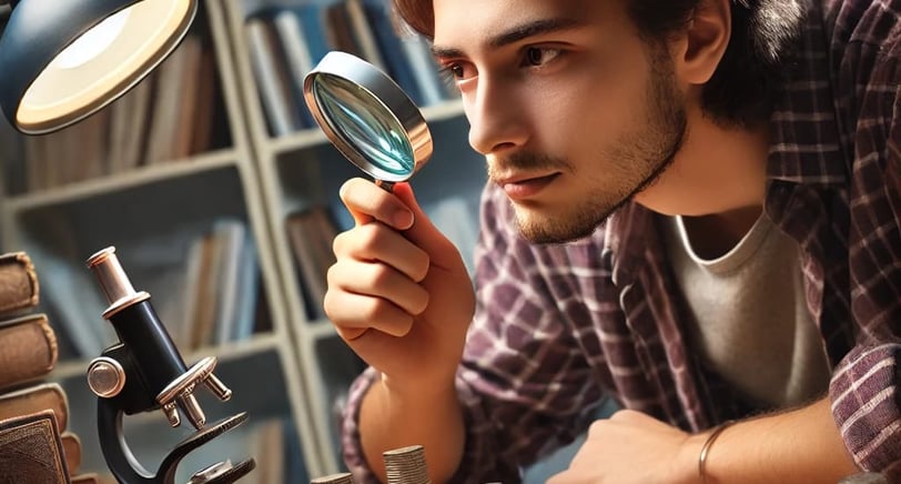 Un hombre inspeccionando monedas con una lupa. Un Novato Numismatico visualizando Monedas.