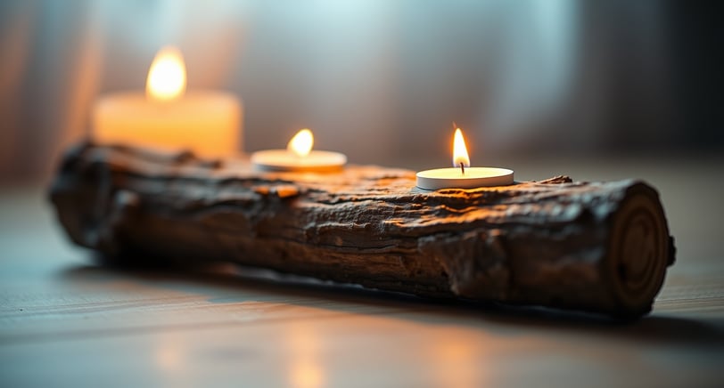 log candle holder with lit candles