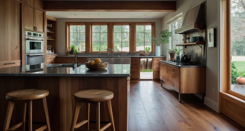 a kitchen with a large window and a bowl of fruit