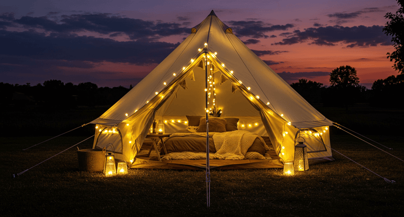 Tent with camp lights with air mattress with pillows and blankets and outdoor chair